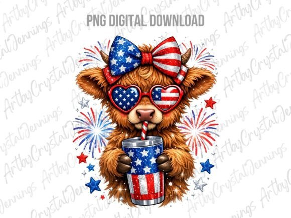 4th of July Highland Cow Farm Animal PNG: A Festive Design Asset