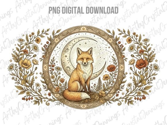 Boho Fox Animal Moon Floral Circle PNG: A Designer's Asset