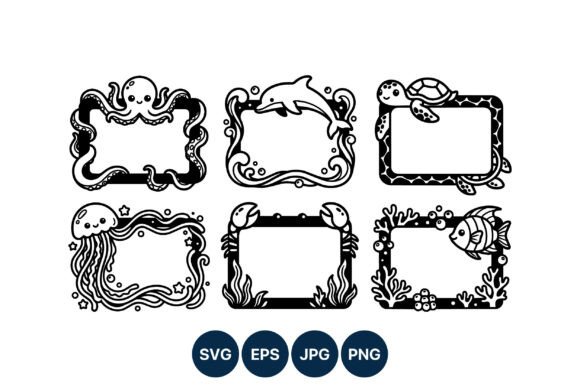 Charming Marine Animal Frames: Black & White Vector Art