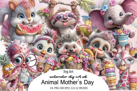 Charming Watercolor Animal Mother's Day Clipart for Creative Projects
