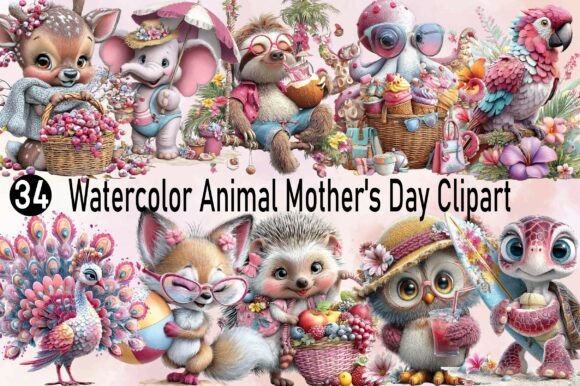 Charming Watercolor Animal Mother's Day Clipart for Heartfelt Projects