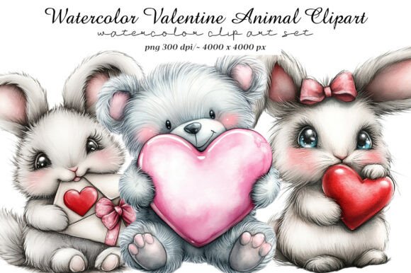 Charming Watercolor Valentine Animal Clipart for Creative Projects