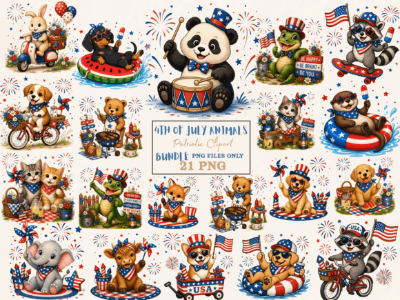 Cute 4th of July Animal PNG Bundle: Your Go-To Design Asset