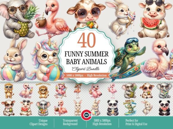 Cute Funny Summer Baby Animal Clipart: Your Go-To Asset for Playful Design