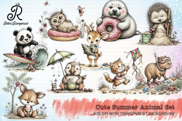 Cute Summer Animal Set Clipart: 11 PNGs for Your Projects